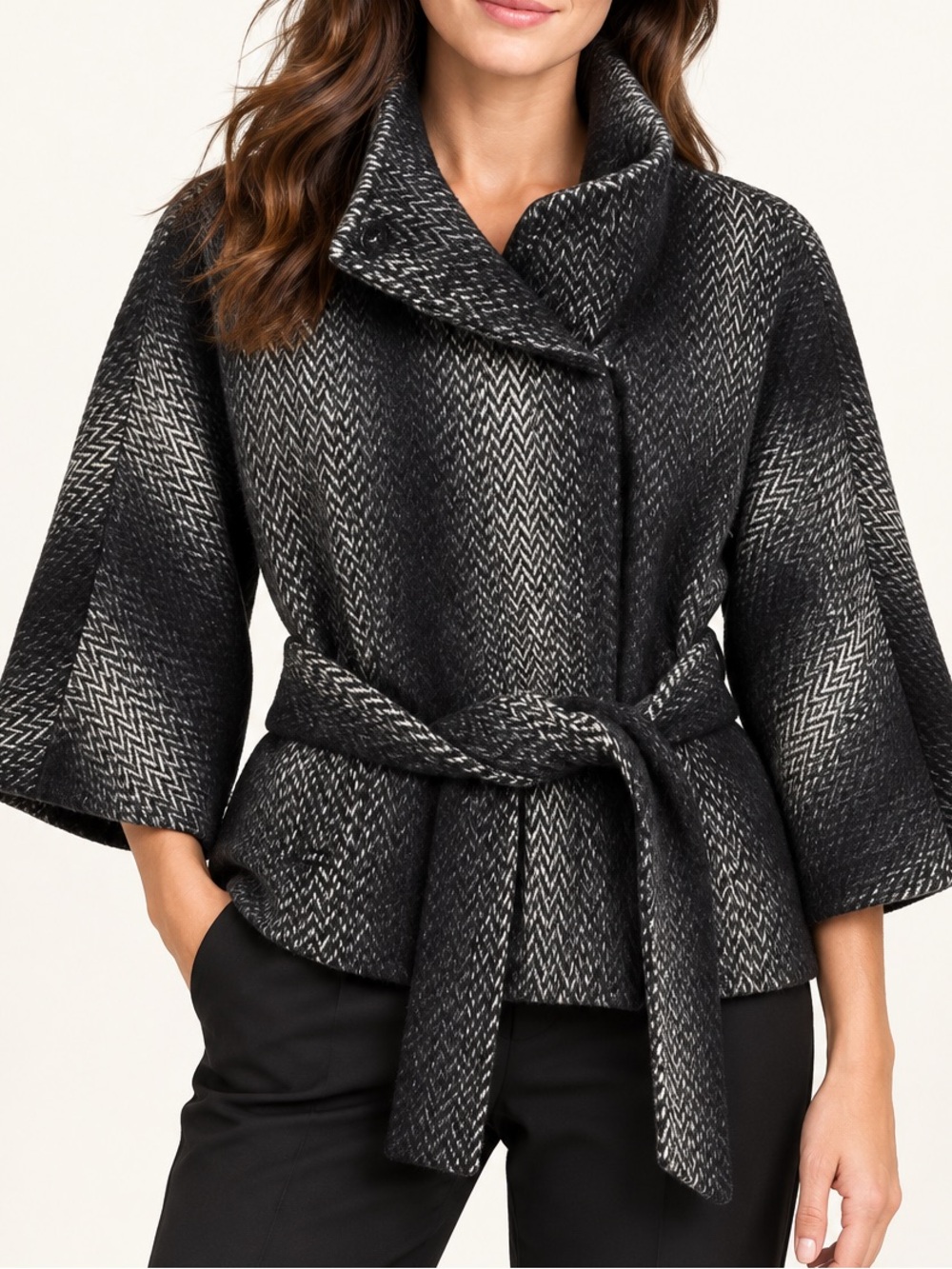 Shoshanna Kimono Style Wool Short Coat Ombre Black White Women’s Sz 2